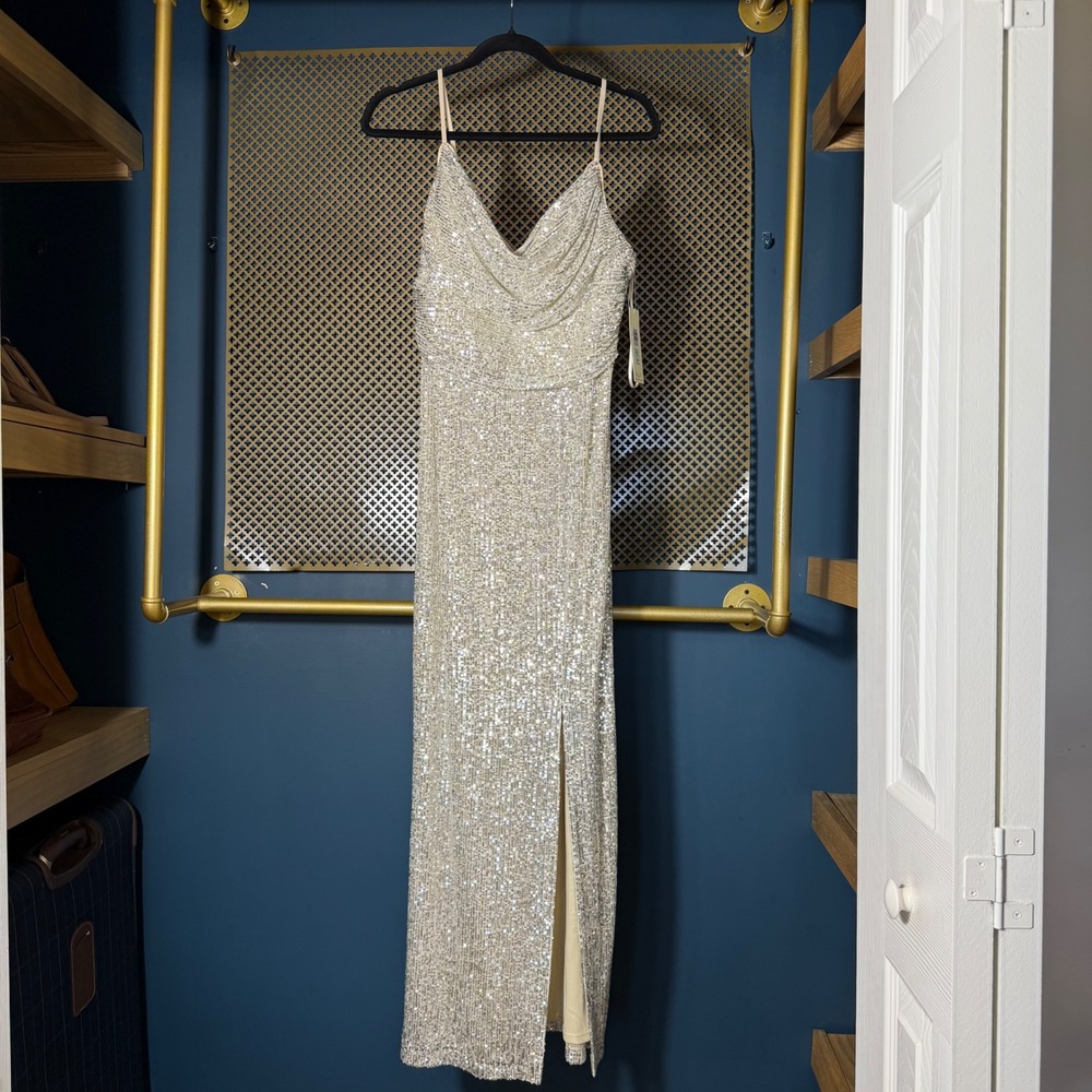 Eliza J Champagne Silver Sequin Drape Neck Slit‎ Maxi Formal Gown Women's 8 NWT